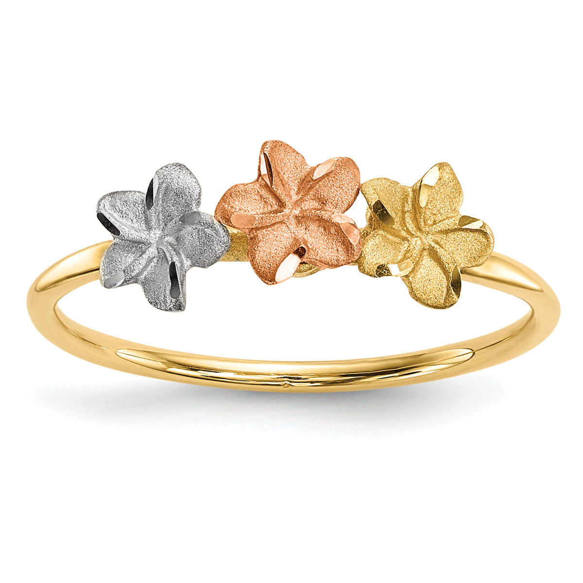 14k Two-tone w/White Rhodium Polished and Satin 3 Flower Ring-R631