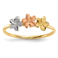 14k Two-tone w/White Rhodium Polished and Satin 3 Flower Ring-R631