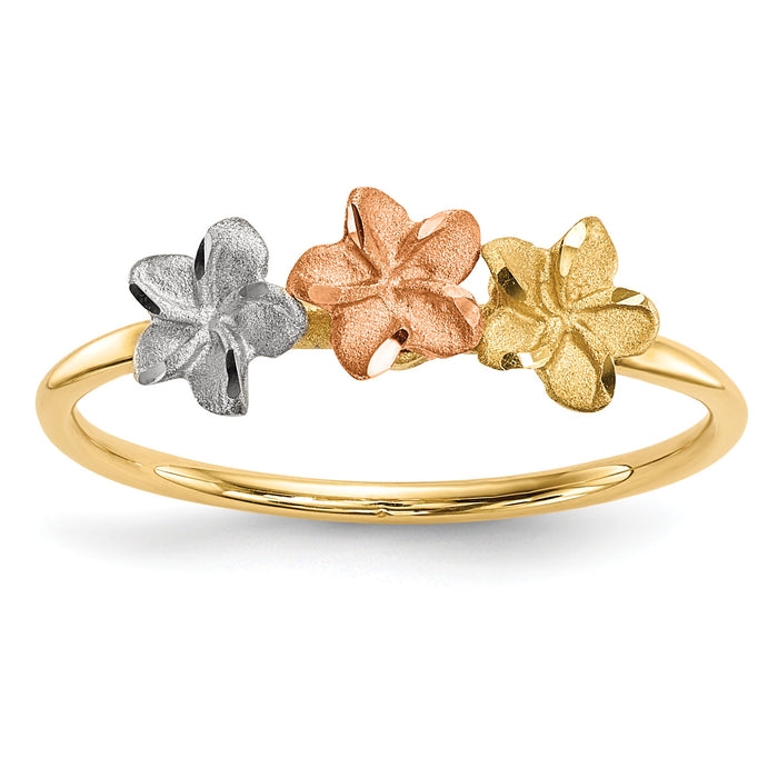 14k Two-tone w/White Rhodium Polished and Satin 3 Flower Ring-R631