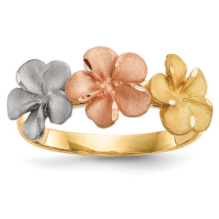 14k Two-tone w/White Rhodium Satin D/C 3-Plumerias Ring-R633