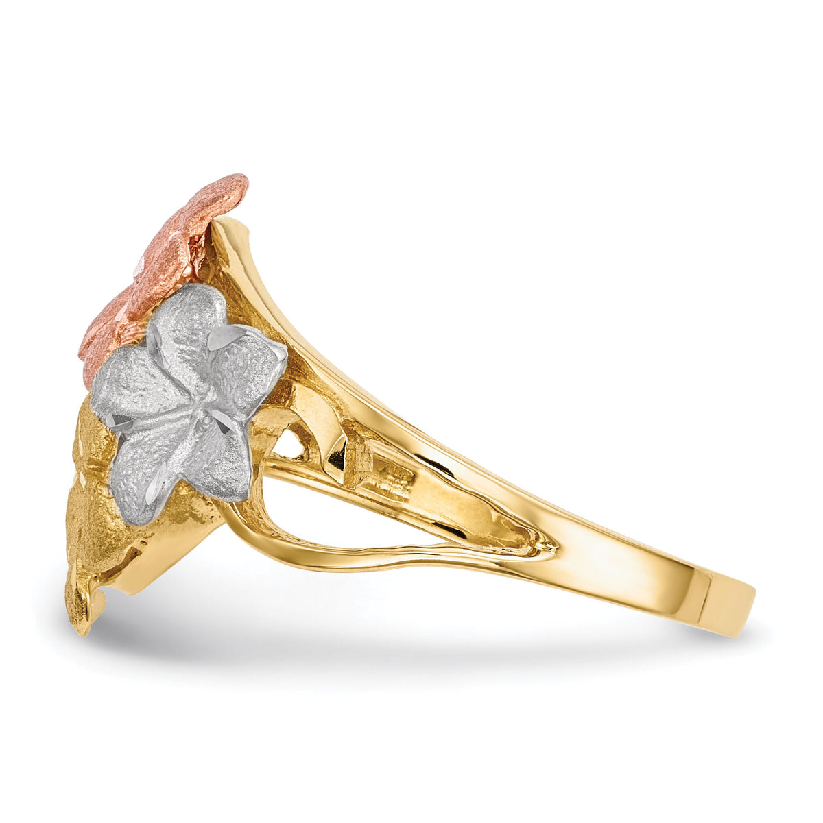 14k Two-tone w/White Rhodium Polished & Satin D/C 4-Plumeria Ring-R637