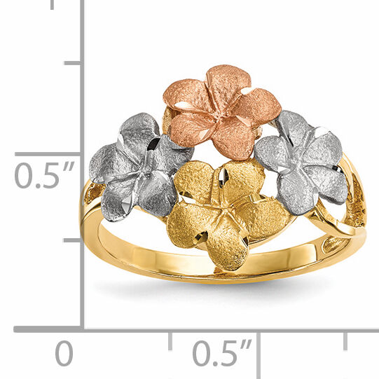 14k Two-tone w/White Rhodium Polished & Satin D/C 4-Plumeria Ring-R637
