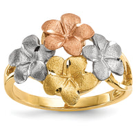 14k Two-tone w/White Rhodium Polished & Satin D/C 4-Plumeria Ring-R637