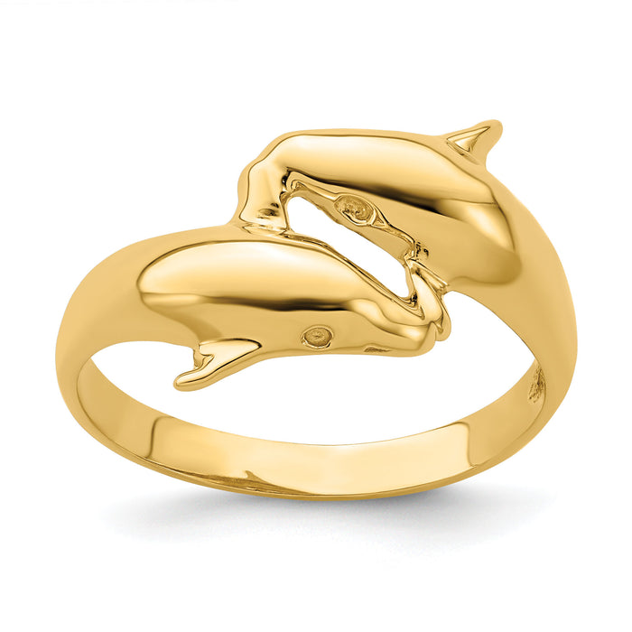 14k Polished Double Dolphin Ring-R804