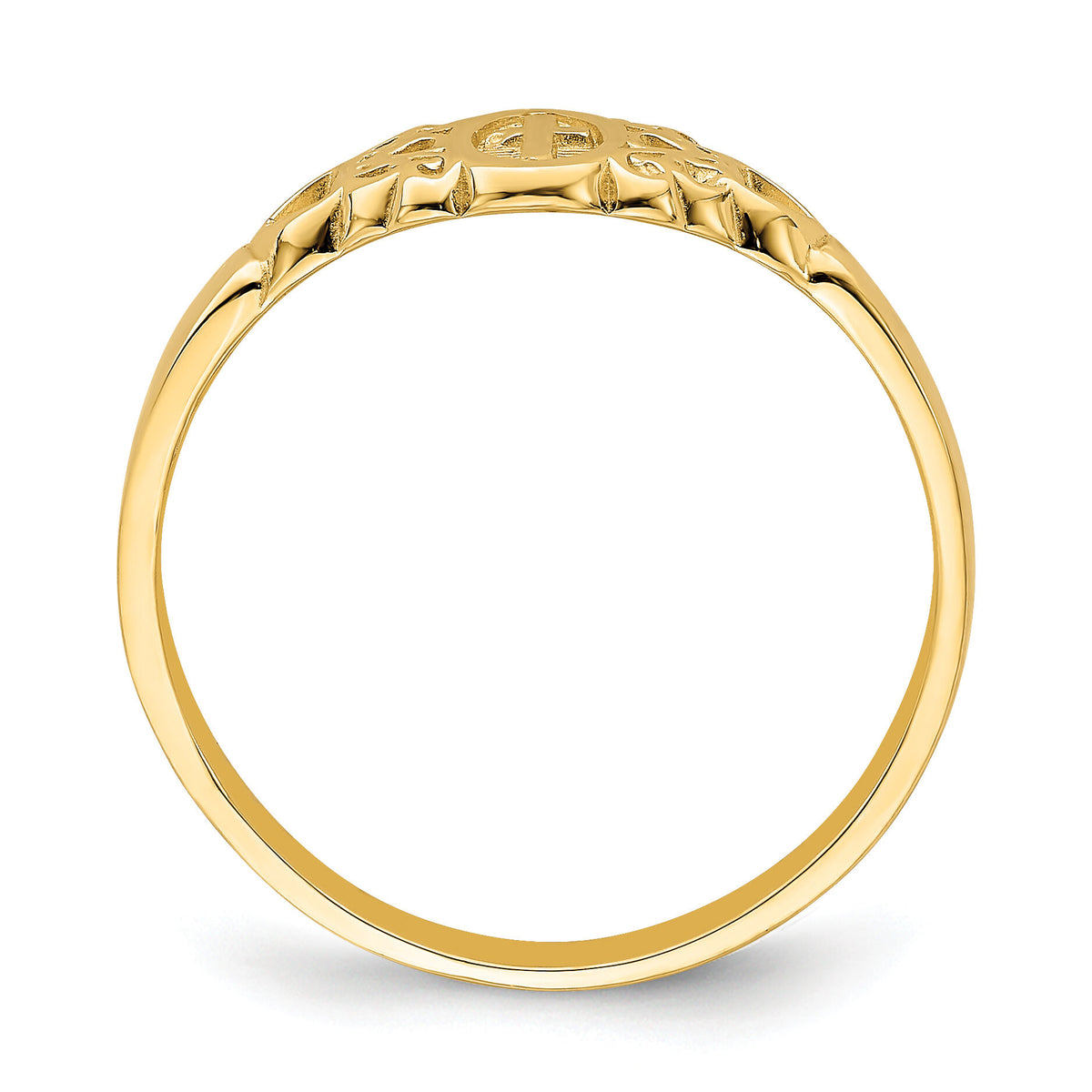 14K Cross Inside Oval W/Scroll and Heart Ring-R851