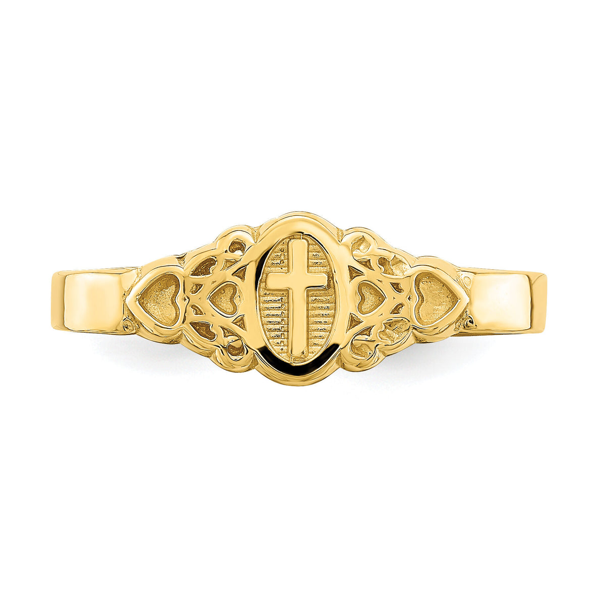 14K Cross Inside Oval W/Scroll and Heart Ring-R851