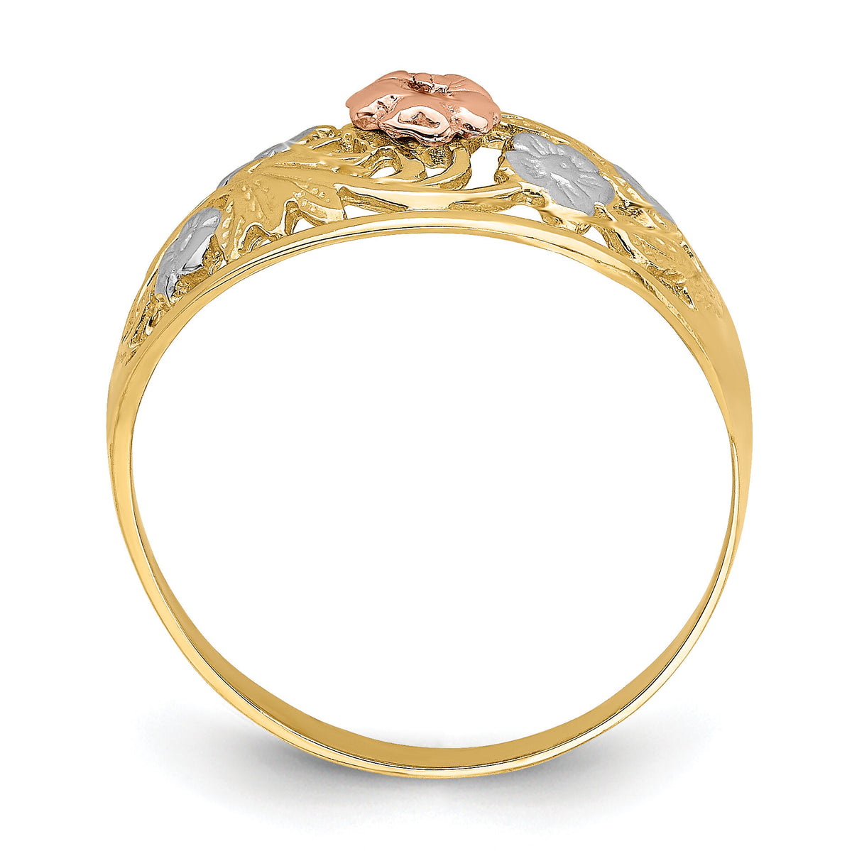 14k Tri- Color w/White Rhodium Floral Dome Ring-R923