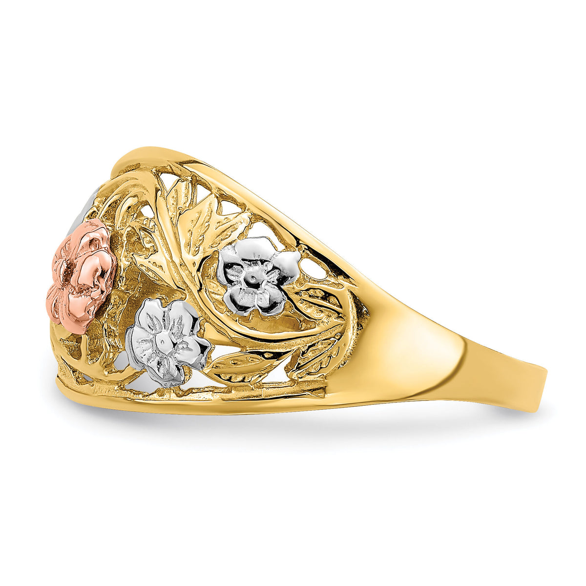 14k Tri- Color w/White Rhodium Floral Dome Ring-R923