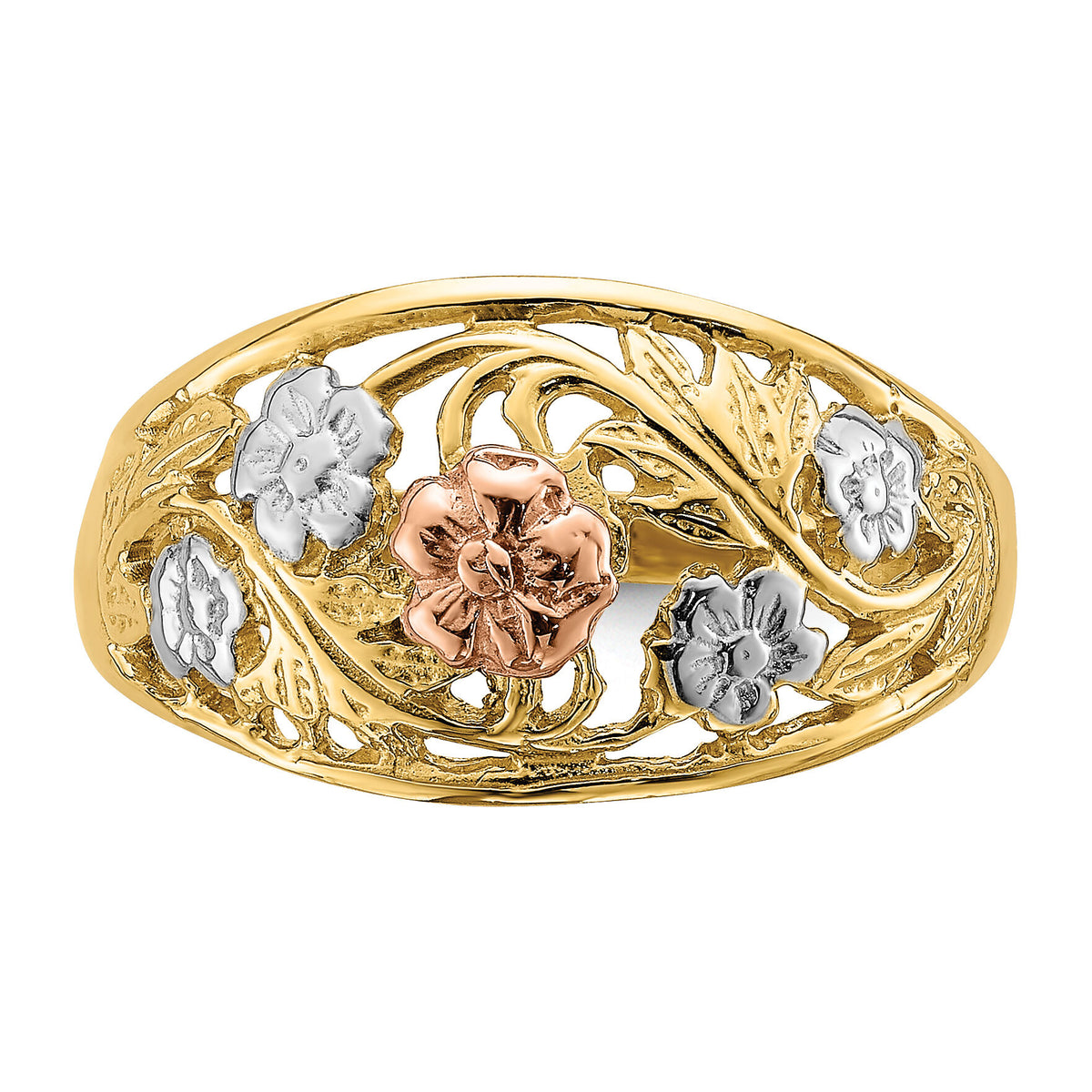 14k Tri- Color w/White Rhodium Floral Dome Ring-R923