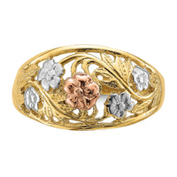 14k Tri- Color w/White Rhodium Floral Dome Ring-R923
