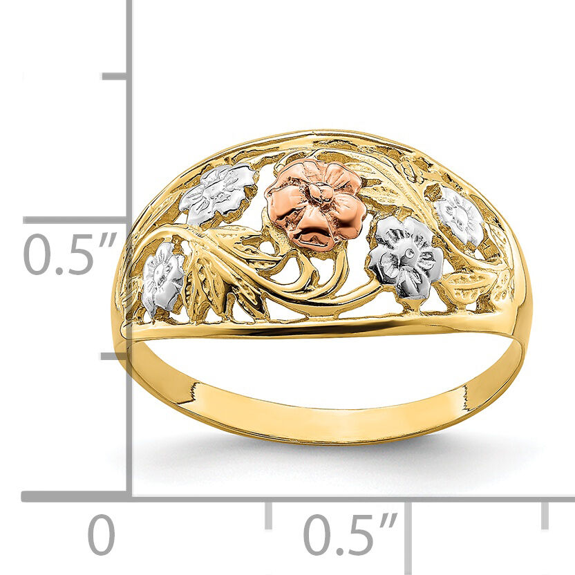 14k Tri- Color w/White Rhodium Floral Dome Ring-R923