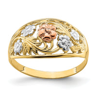 14k Tri- Color w/White Rhodium Floral Dome Ring-R923