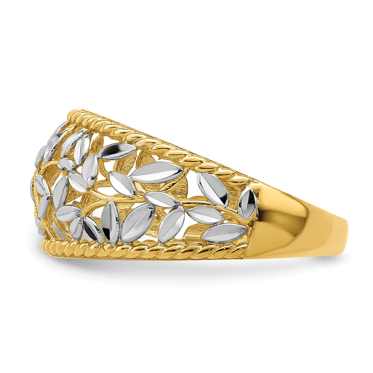 14k w/Rhodium Diamond-cut Filigree Leaf Ring-R945
