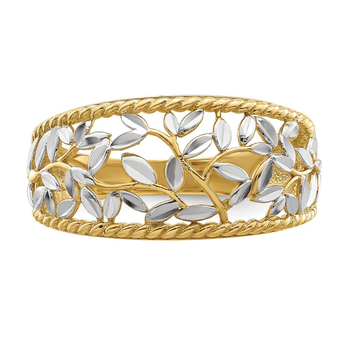 14k w/Rhodium Diamond-cut Filigree Leaf Ring-R945