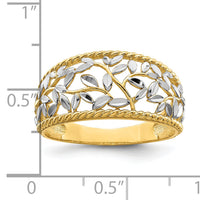 14k w/Rhodium Diamond-cut Filigree Leaf Ring-R945