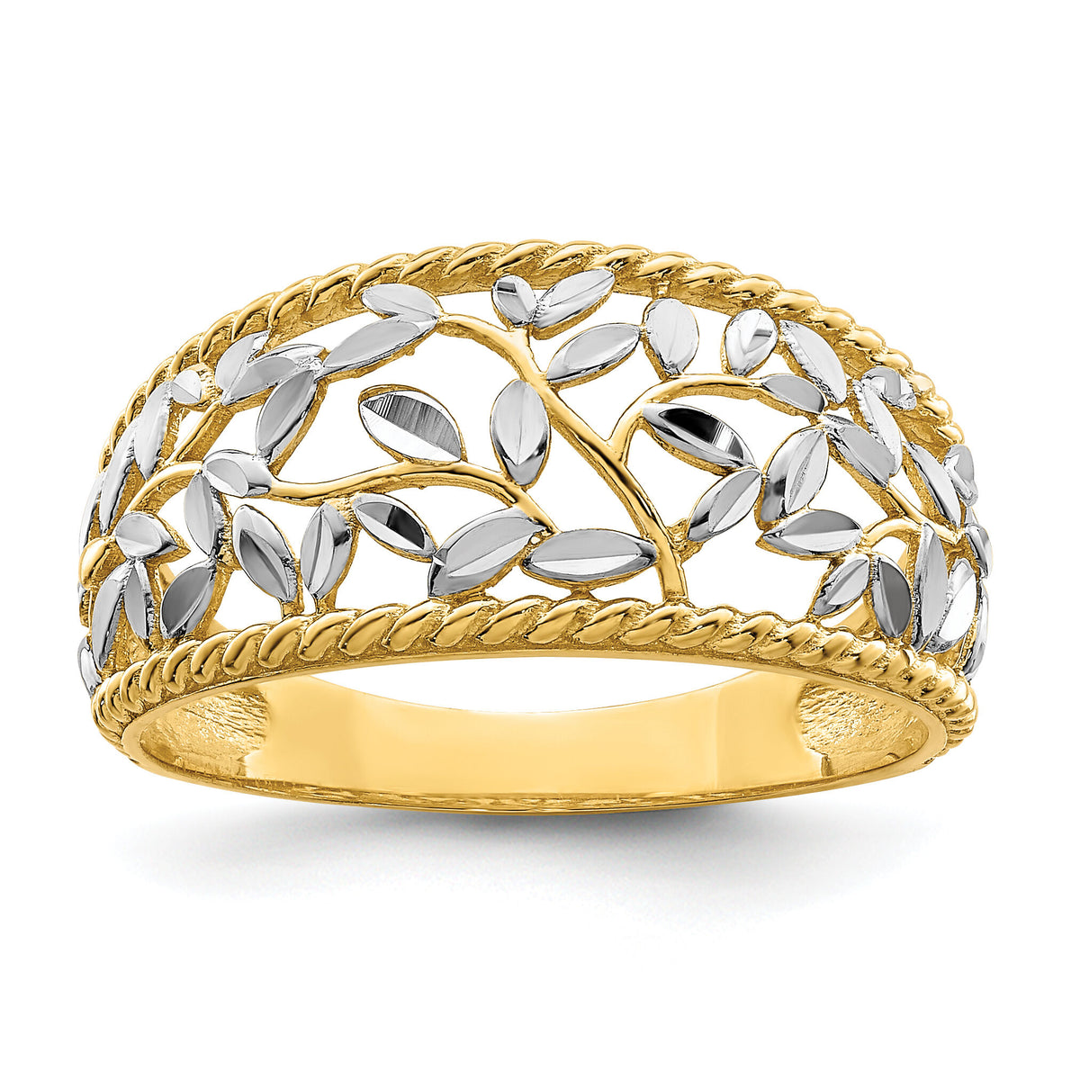 14k w/Rhodium Diamond-cut Filigree Leaf Ring-R945