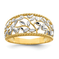 14k w/Rhodium Diamond-cut Filigree Leaf Ring-R945