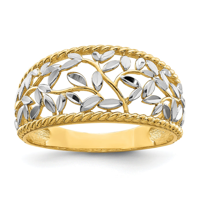 14k w/Rhodium Diamond-cut Filigree Leaf Ring-R945