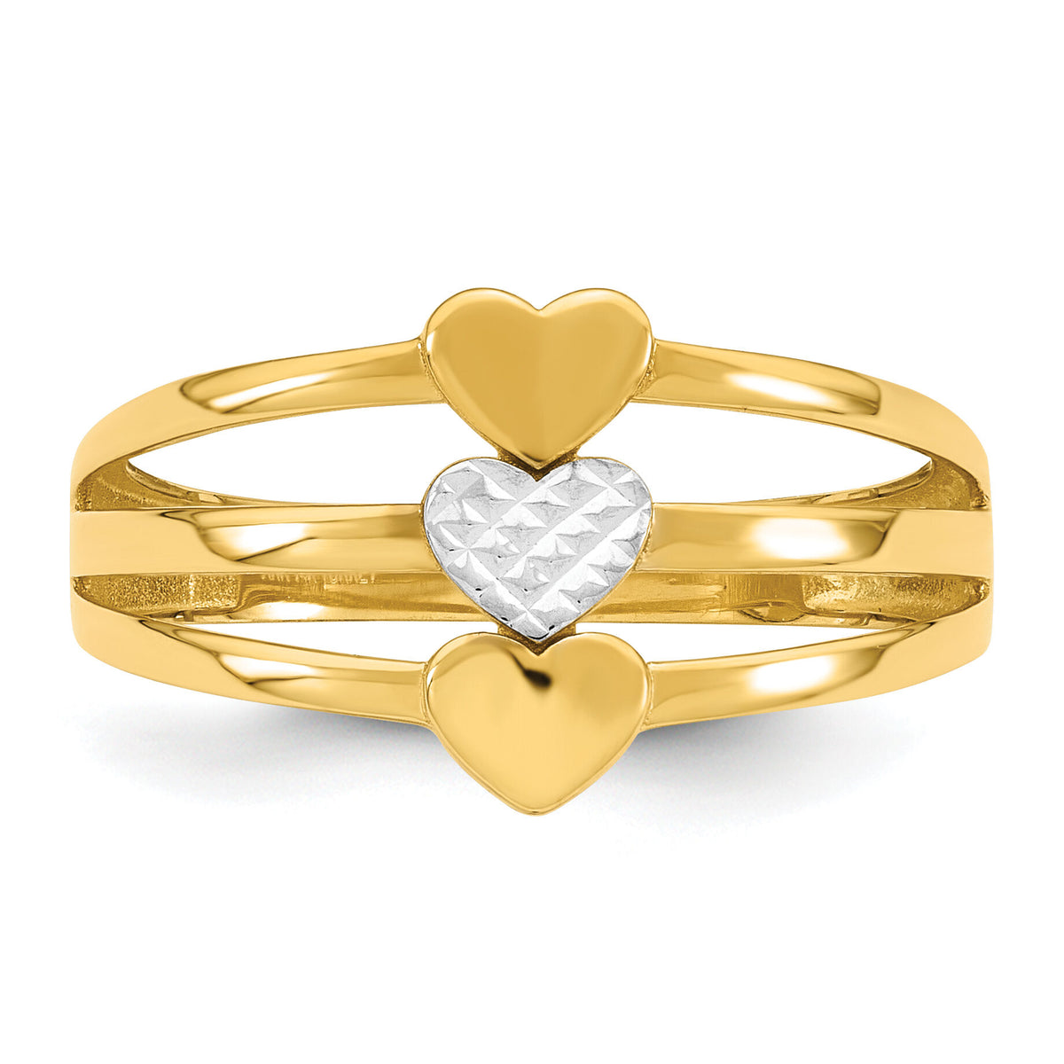 14k w/White Rhodium Polished & D/C Three Hearts Ring-R974