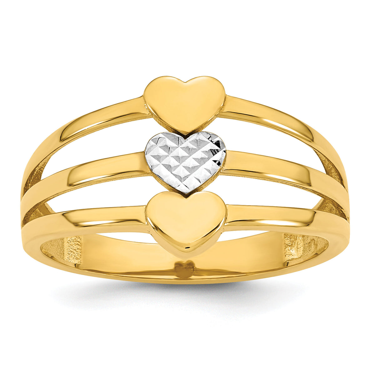 14k w/White Rhodium Polished & D/C Three Hearts Ring-R974