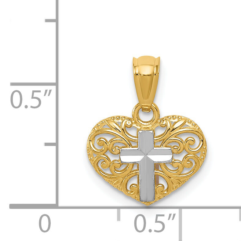 14k w/Rhodium Cross in Heart Pendant-REL158