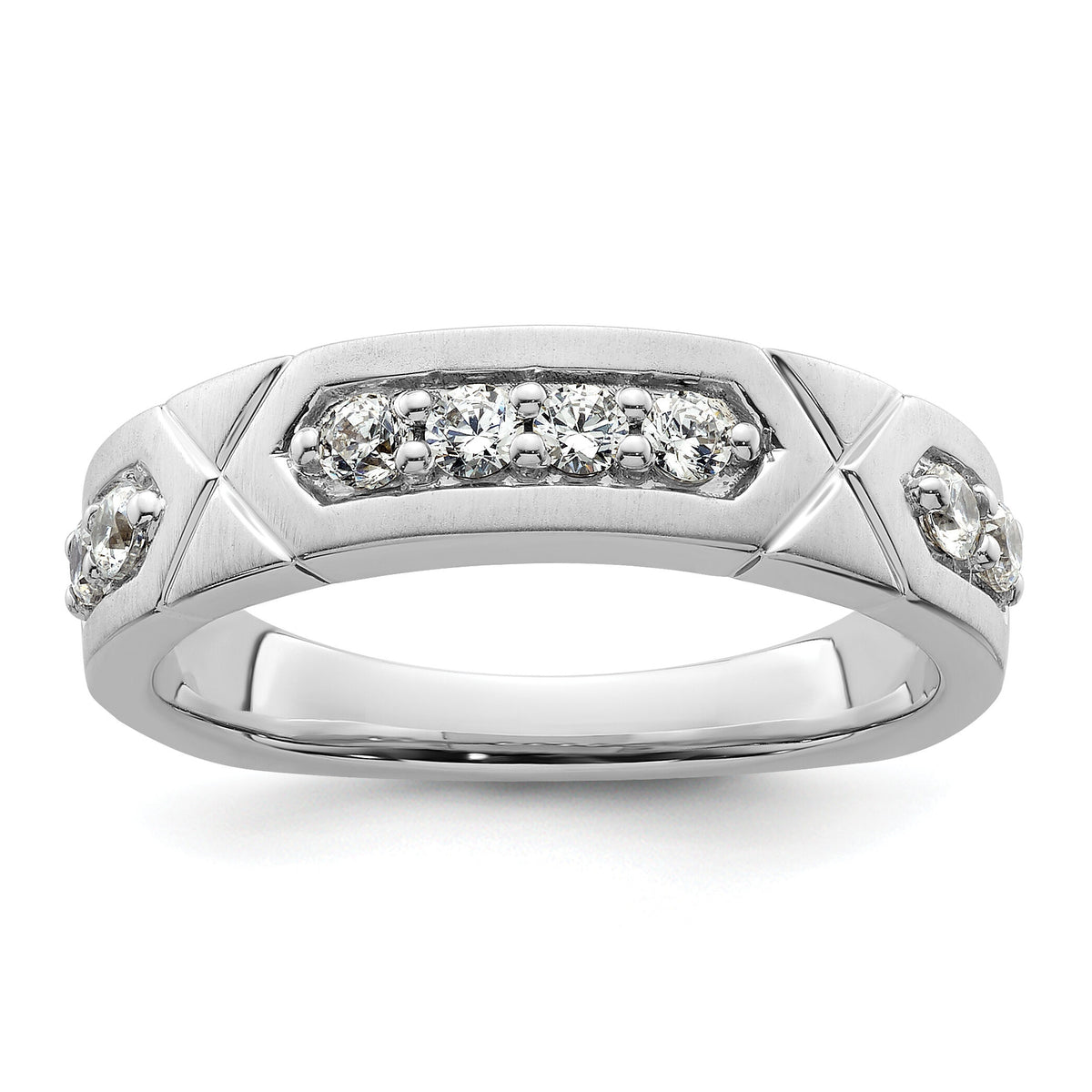 14k White Gold Polished & Satin Grooved Diamond Mens Wedding Band-RM10113B