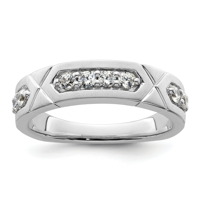 14k White Gold Polished & Satin Grooved Diamond Mens Wedding Band-RM10113B