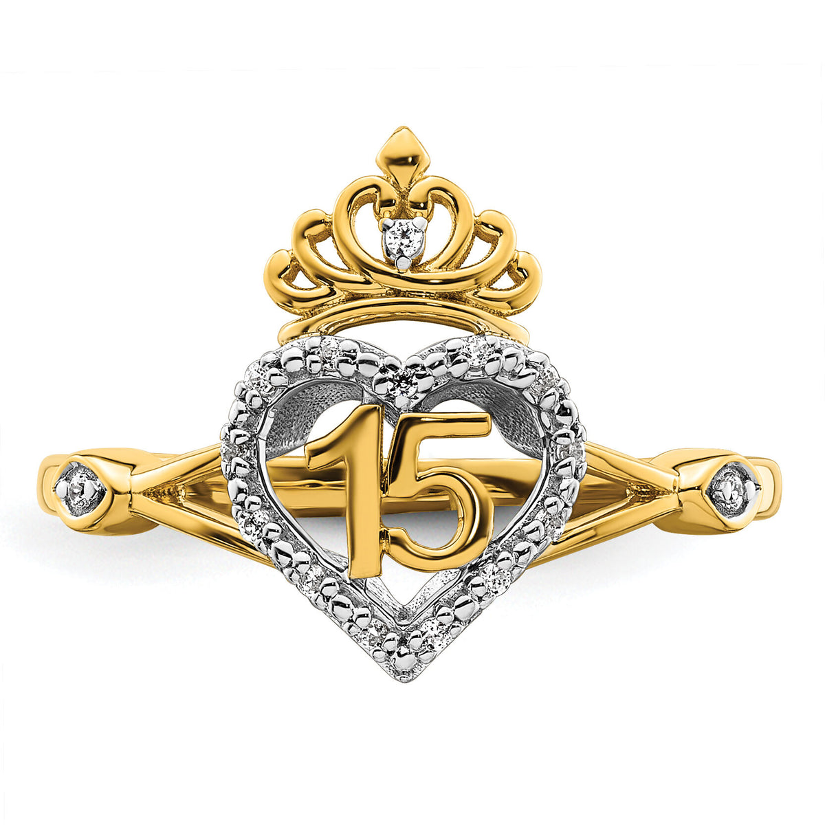 14K Two-tone Polished Diamond Quinceanera Heart/Crown Ring-RM10197
