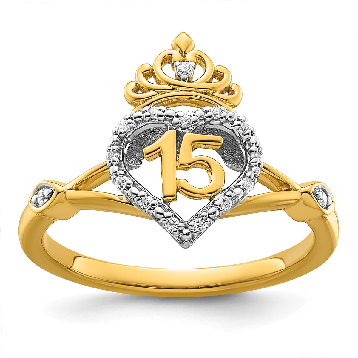 14K Two-tone Polished Diamond Quinceanera Heart/Crown Ring-RM10197