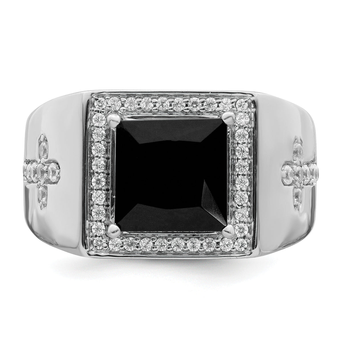 14k White Gold Onyx and Diamond Cross Mens Ring-RM3687