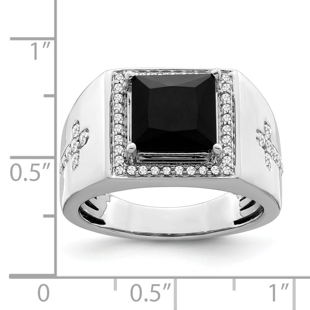 14k White Gold Onyx and Diamond Cross Mens Ring-RM3687