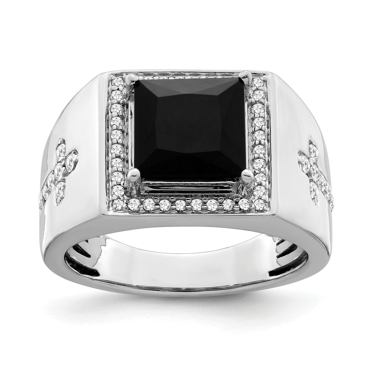 14k White Gold Onyx and Diamond Cross Mens Ring-RM3687