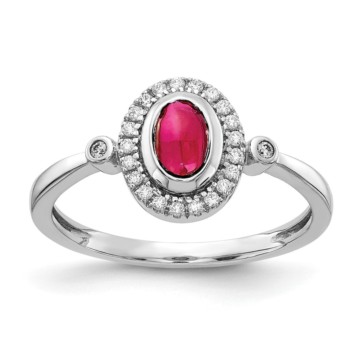 14k White Gold Diamond and Oval Cabochon Ruby Halo Ring-RM4036