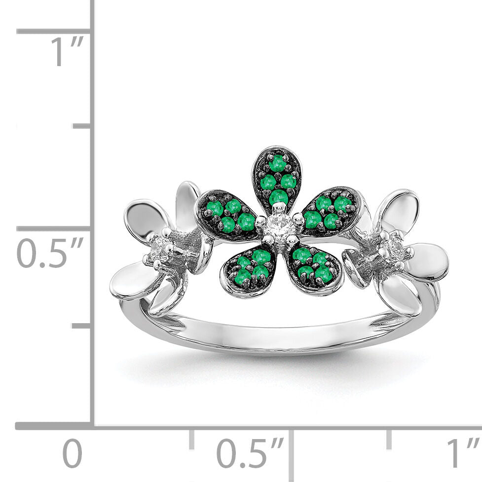 14k White Gold Diamond and Emerald Flower Ring-RM4044