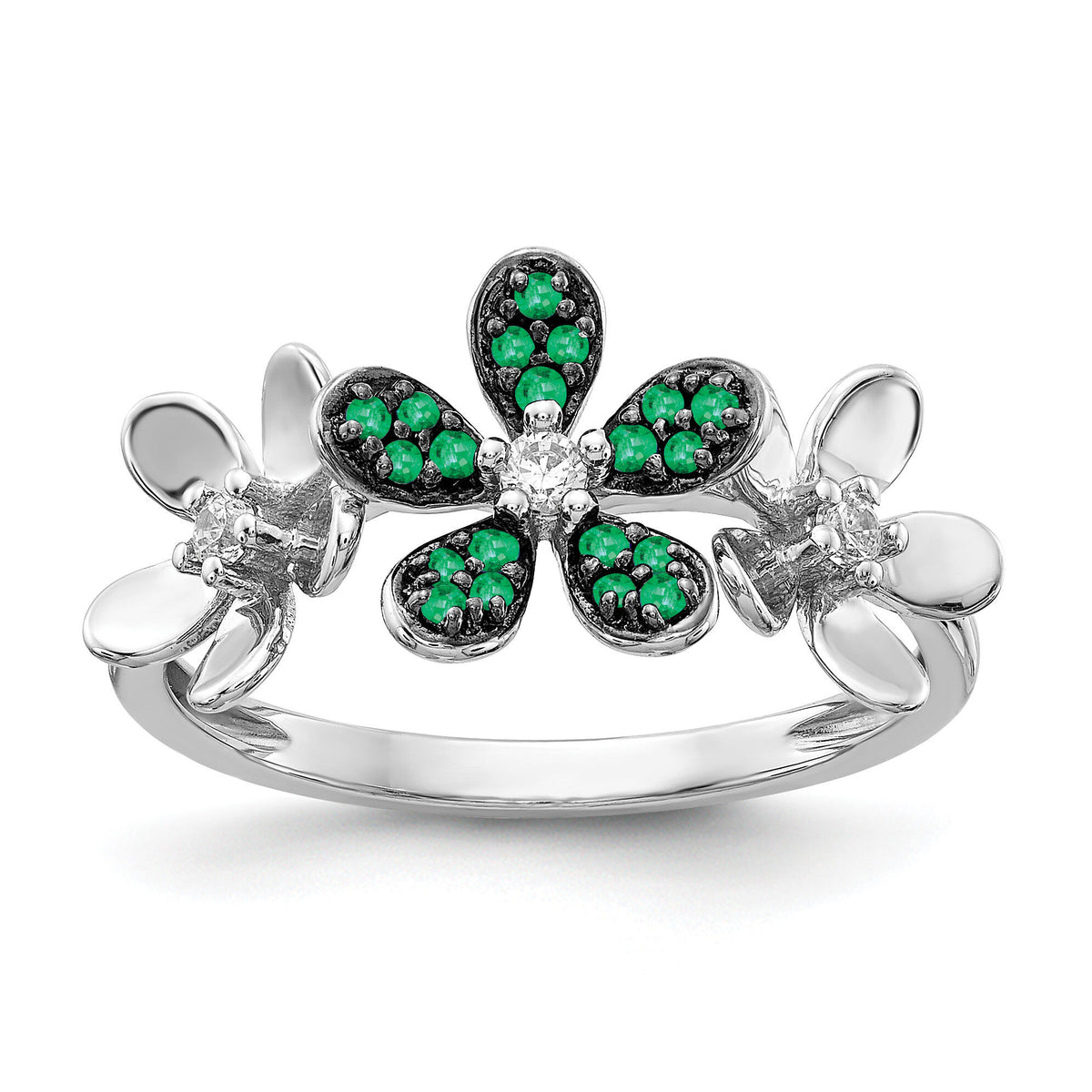 14k White Gold Diamond and Emerald Flower Ring-RM4044