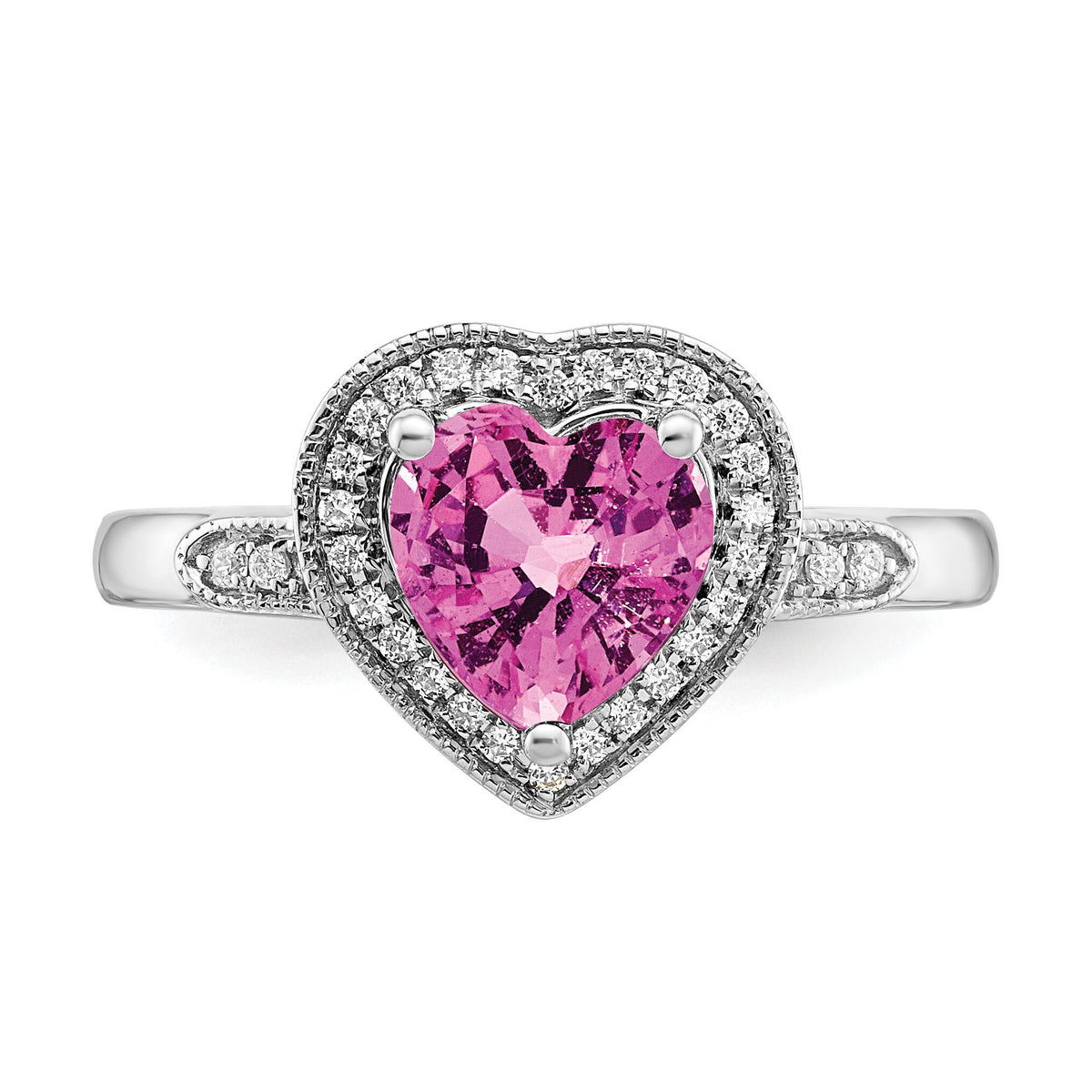 14k White Gold Heart Created Pink Sapphire and Diamond Halo Ring-RM4398
