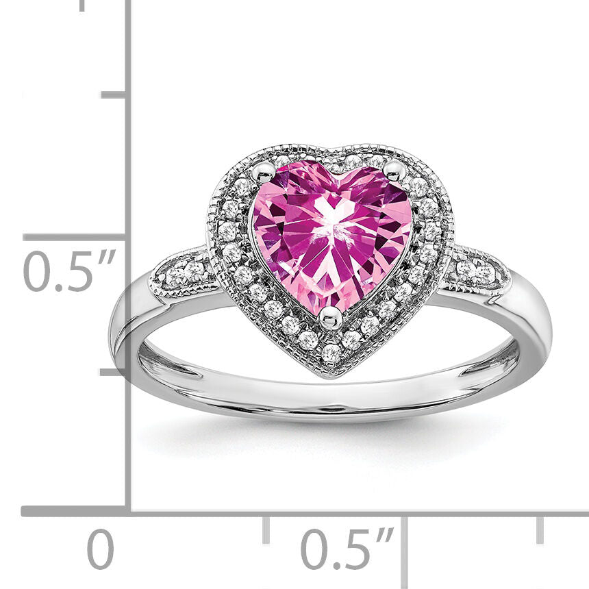 14k White Gold Heart Created Pink Sapphire and Diamond Halo Ring-RM4398