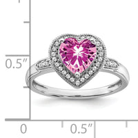 14k White Gold Heart Created Pink Sapphire and Diamond Halo Ring-RM4398