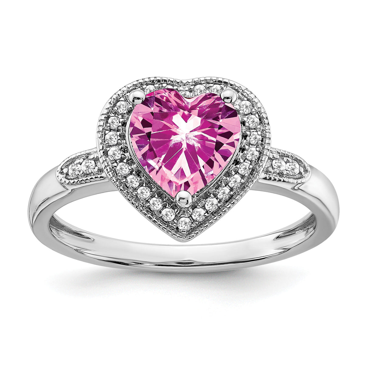 14k White Gold Heart Created Pink Sapphire and Diamond Halo Ring-RM4398