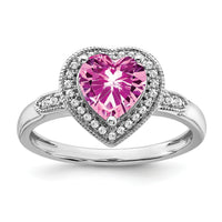 14k White Gold Heart Created Pink Sapphire and Diamond Halo Ring-RM4398
