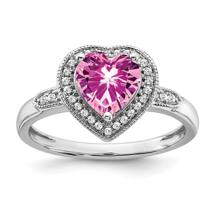 14k White Gold Heart Created Pink Sapphire and Diamond Halo Ring-RM4398