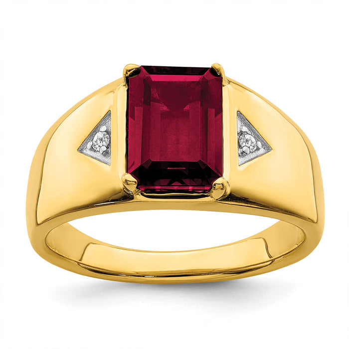 14k Emerald-cut Created Ruby and Diamond Polished Mens Ring-RM6658