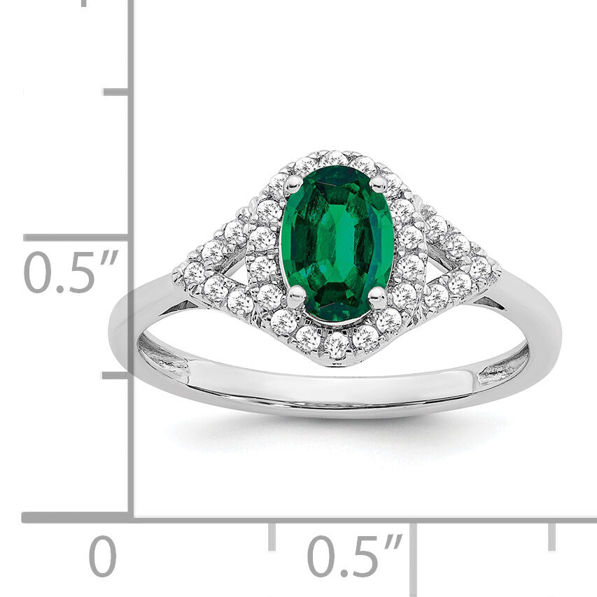 14k White Gold Oval Created Emerald and Diamond Ring-RM7123