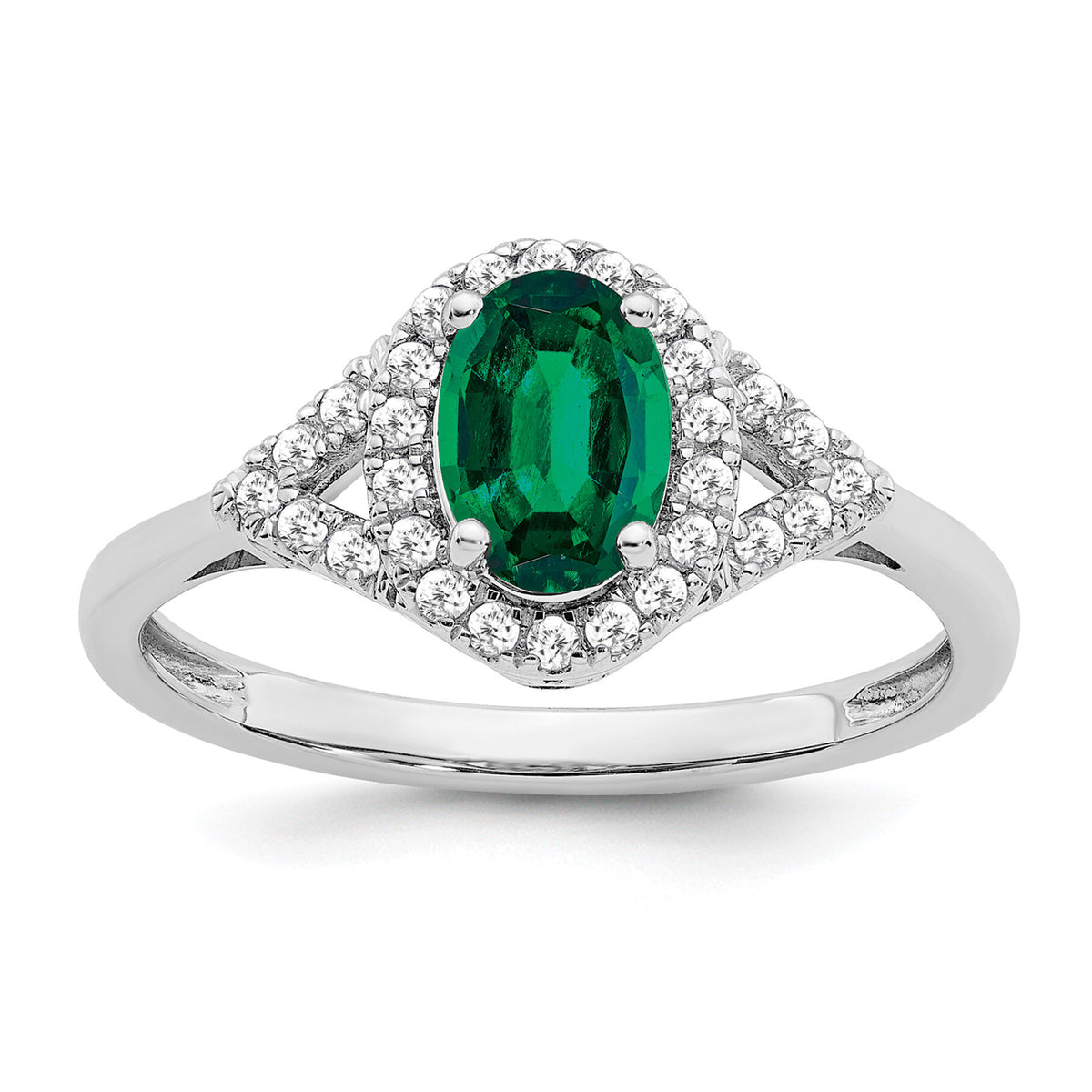 14k White Gold Oval Created Emerald and Diamond Ring-RM7123