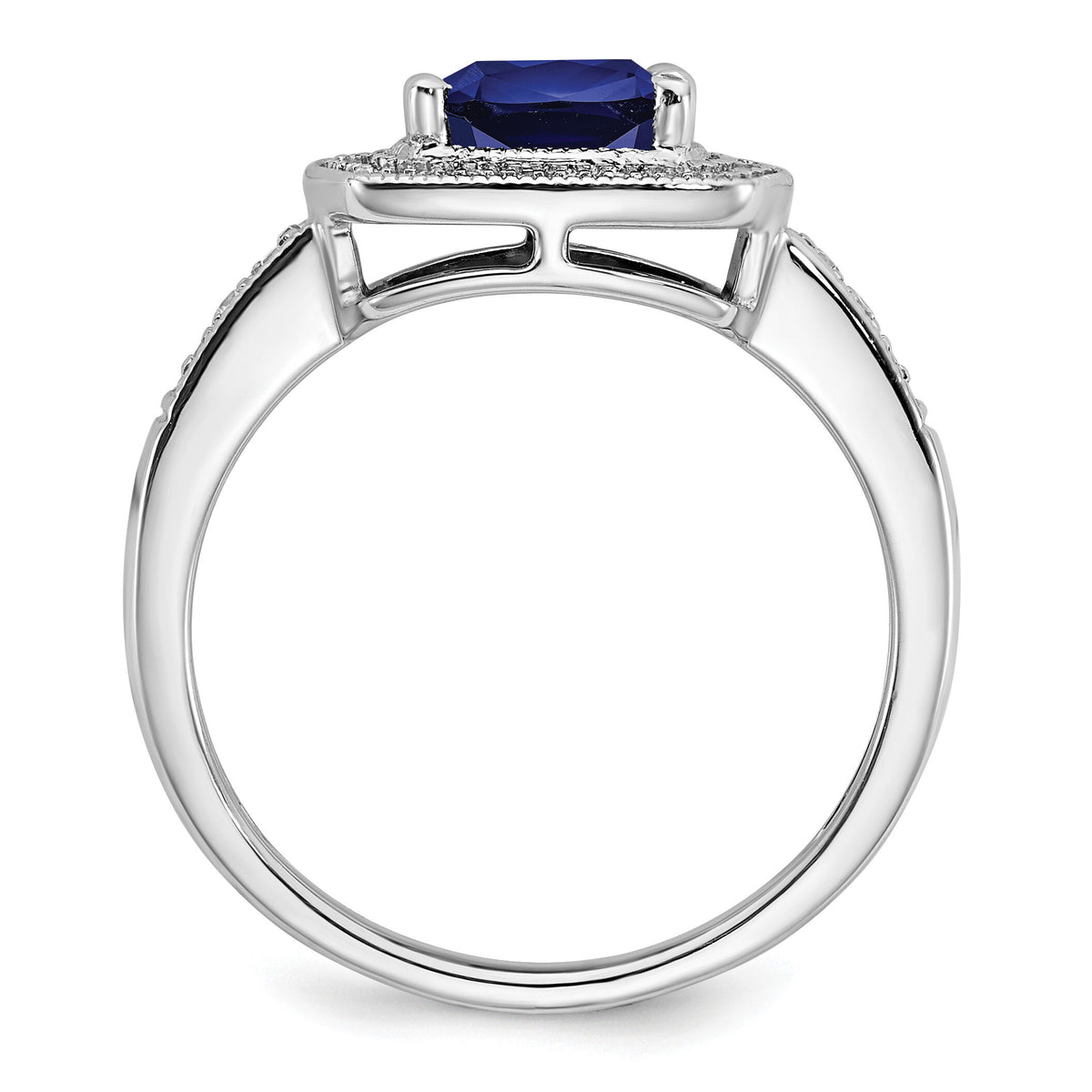 14k White Gold Cushion Created Sapphire and Diamond Halo Ring-RM7124