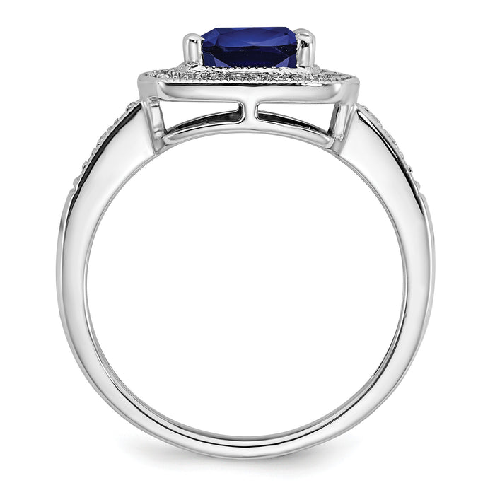 14k White Gold Cushion Created Sapphire and Diamond Halo Ring-RM7124