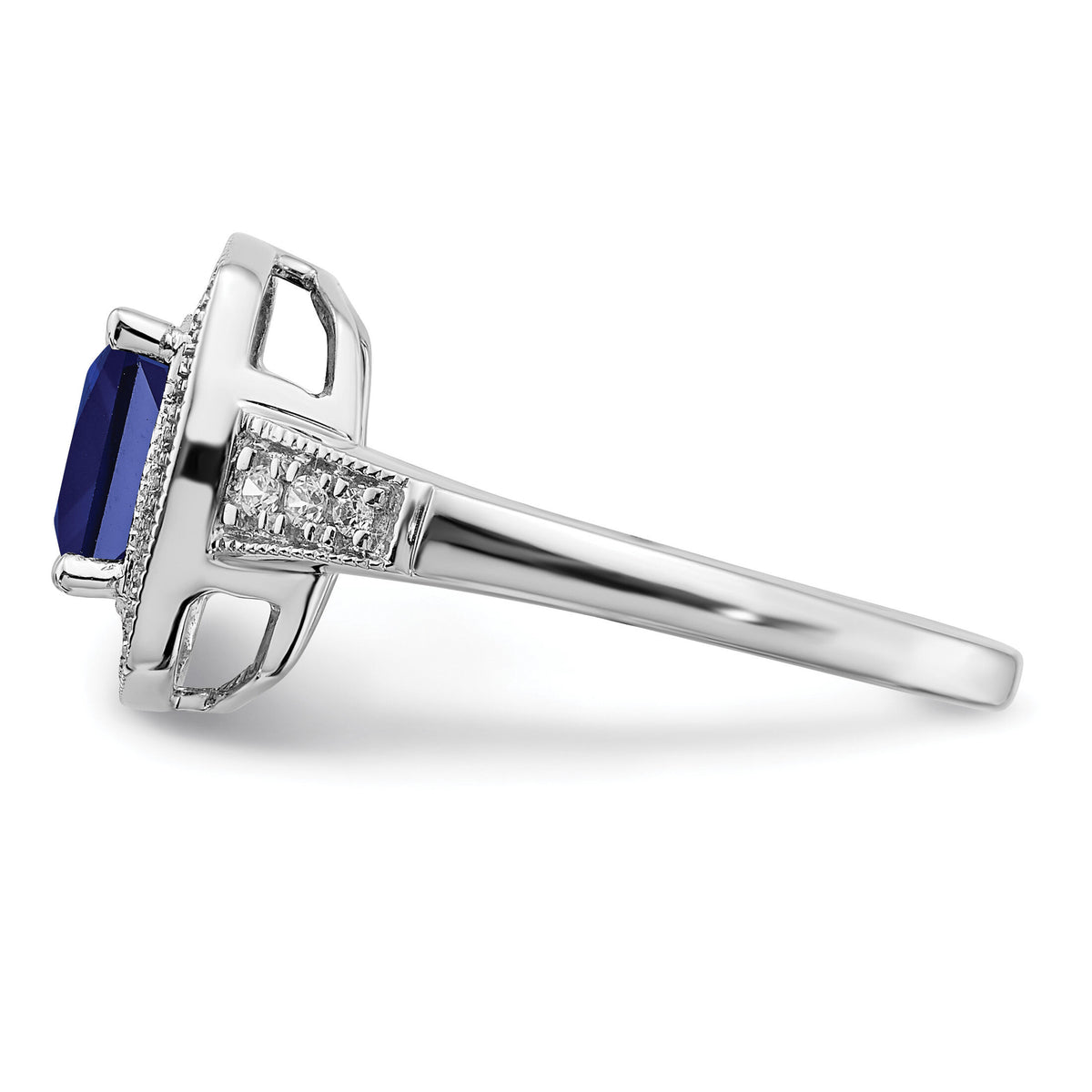 14k White Gold Cushion Created Sapphire and Diamond Halo Ring-RM7124