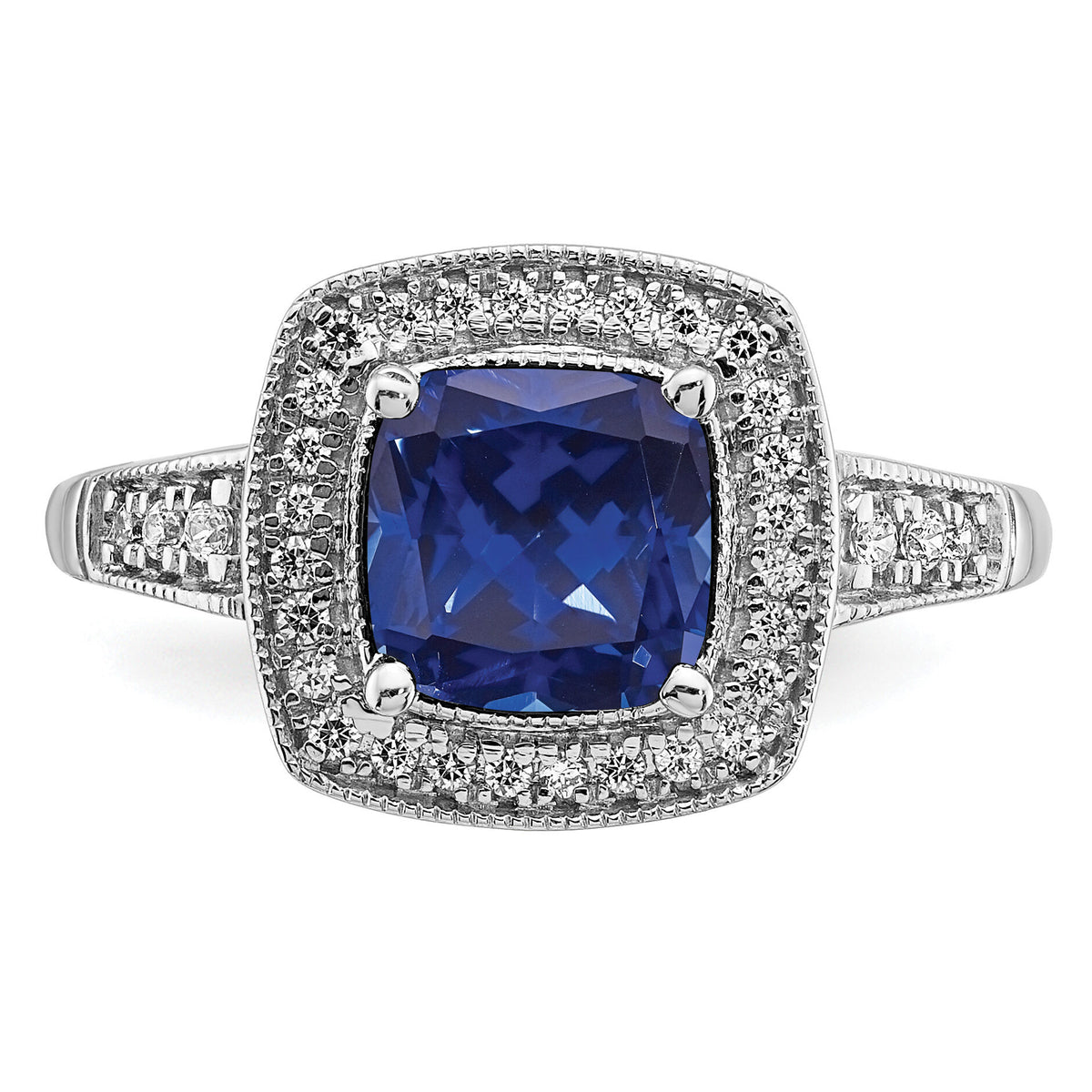 14k White Gold Cushion Created Sapphire and Diamond Halo Ring-RM7124