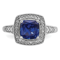 14k White Gold Cushion Created Sapphire and Diamond Halo Ring-RM7124