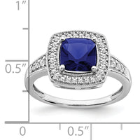 14k White Gold Cushion Created Sapphire and Diamond Halo Ring-RM7124